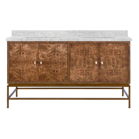Worlds Away - Bath Vanity In Matte Dark Burl Wood And Antique Brass With White Marble Top And Double Porcelain Sinks, 60" Wide - CLIFFORD 60 DBW view 1