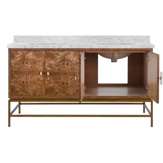 Worlds Away - Bath Vanity In Matte Dark Burl Wood And Antique Brass With White Marble Top And Double Porcelain Sinks, 60" Wide - CLIFFORD 60 DBW view 2