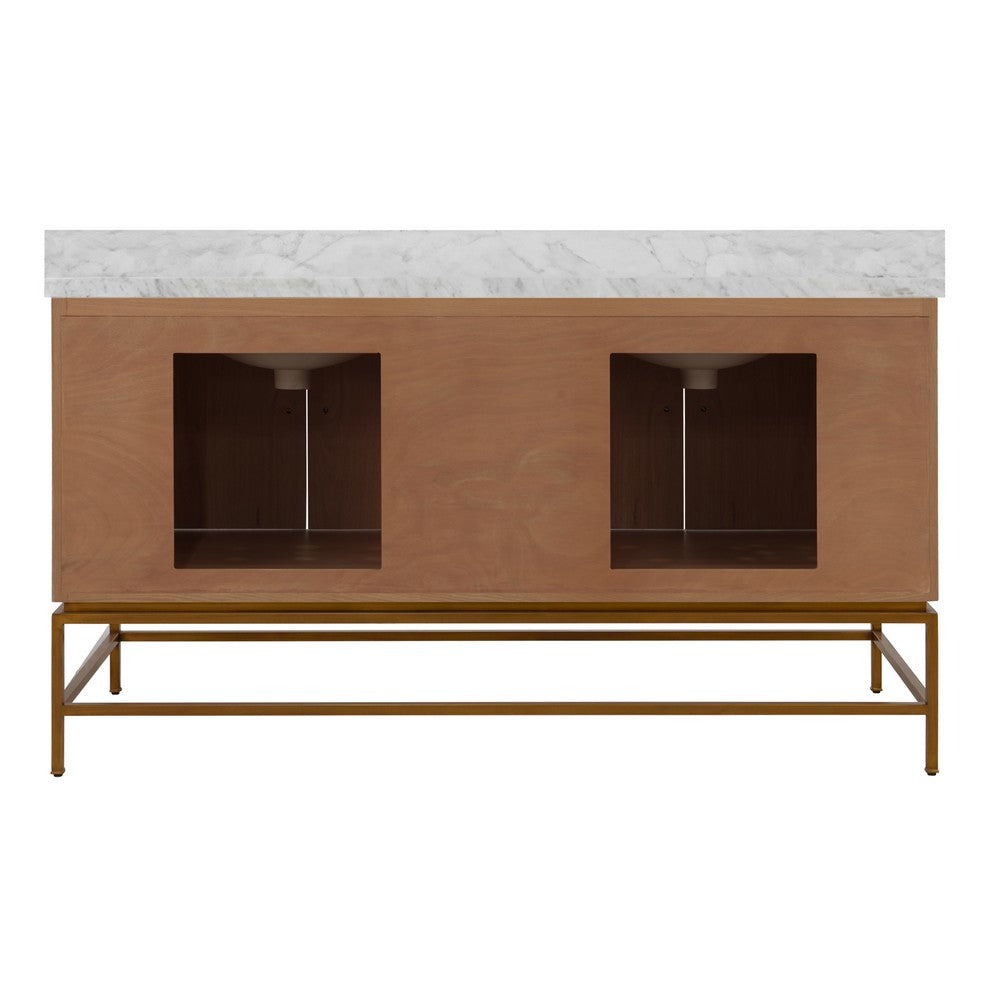 Worlds Away - Bath Vanity In Matte Dark Burl Wood And Antique Brass With White Marble Top And Double Porcelain Sinks, 60" Wide - CLIFFORD 60 DBW view 3