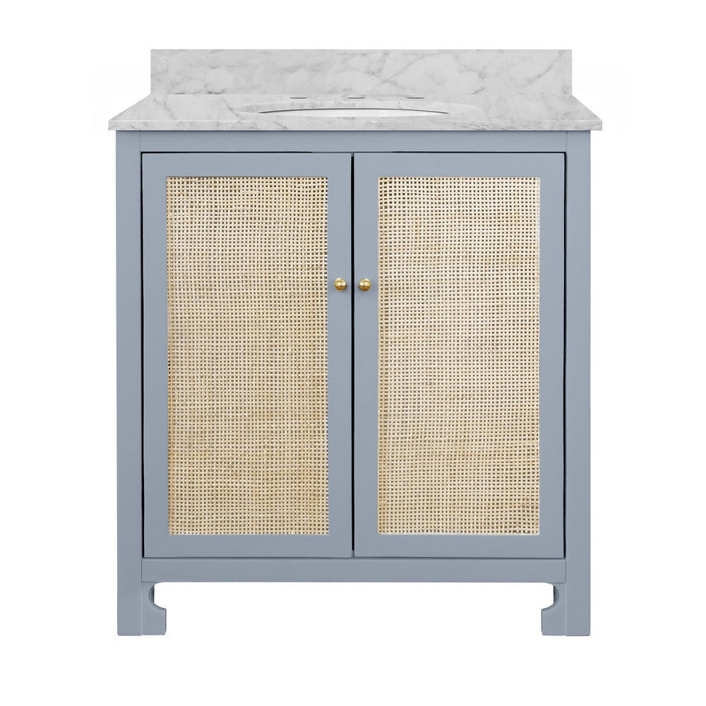 Worlds Away - Bath Vanity In Matte Light Blue Lacquer With Cane Front Doors, White Marble Top, Porcelain Sink, And Polished Brass Knobs - BOYD LB view 1