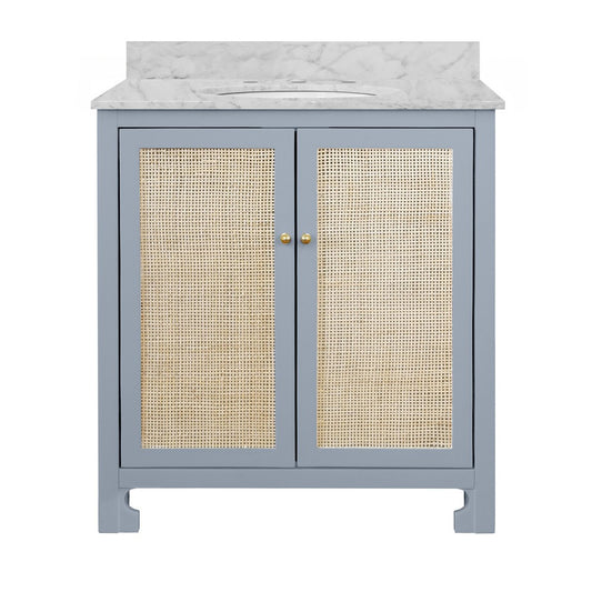 Worlds Away - Bath Vanity In Matte Light Blue Lacquer With Cane Front Doors, White Marble Top, Porcelain Sink, And Polished Brass Knobs - BOYD LB view 1