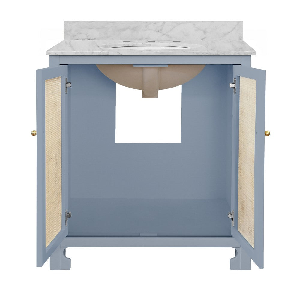 Worlds Away - Bath Vanity In Matte Light Blue Lacquer With Cane Front Doors, White Marble Top, Porcelain Sink, And Polished Brass Knobs - BOYD LB view 2