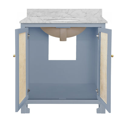 Worlds Away - Bath Vanity In Matte Light Blue Lacquer With Cane Front Doors, White Marble Top, Porcelain Sink, And Polished Brass Knobs - BOYD LB view 2