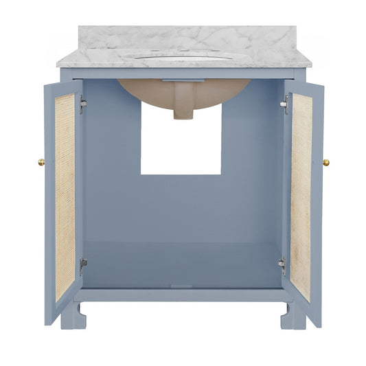 Worlds Away - Bath Vanity In Matte Light Blue Lacquer With Cane Front Doors, White Marble Top, Porcelain Sink, And Polished Brass Knobs - BOYD LB view 2