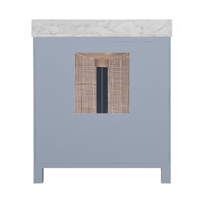 Worlds Away - Bath Vanity In Matte Light Blue Lacquer With Cane Front Doors, White Marble Top, Porcelain Sink, And Polished Brass Knobs - BOYD LB view 3