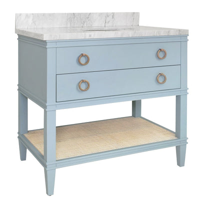 Worlds Away - Bath Vanity In Matte Light Blue Lacquer With Open Cane Shelf, White Marble Top, And Porcelain Sink - CUTLER LB view 1