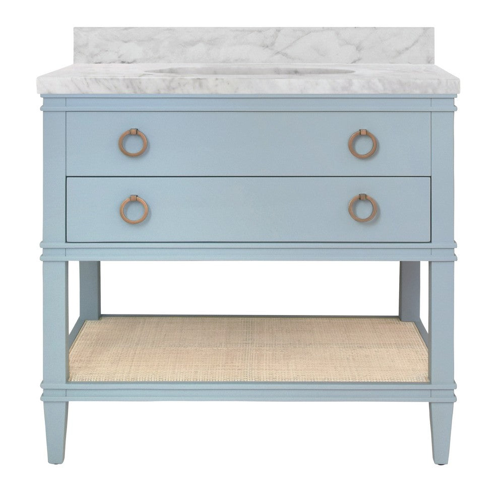Worlds Away - Bath Vanity In Matte Light Blue Lacquer With Open Cane Shelf, White Marble Top, And Porcelain Sink - CUTLER LB view 2