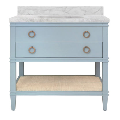 Worlds Away - Bath Vanity In Matte Light Blue Lacquer With Open Cane Shelf, White Marble Top, And Porcelain Sink - CUTLER LB view 2