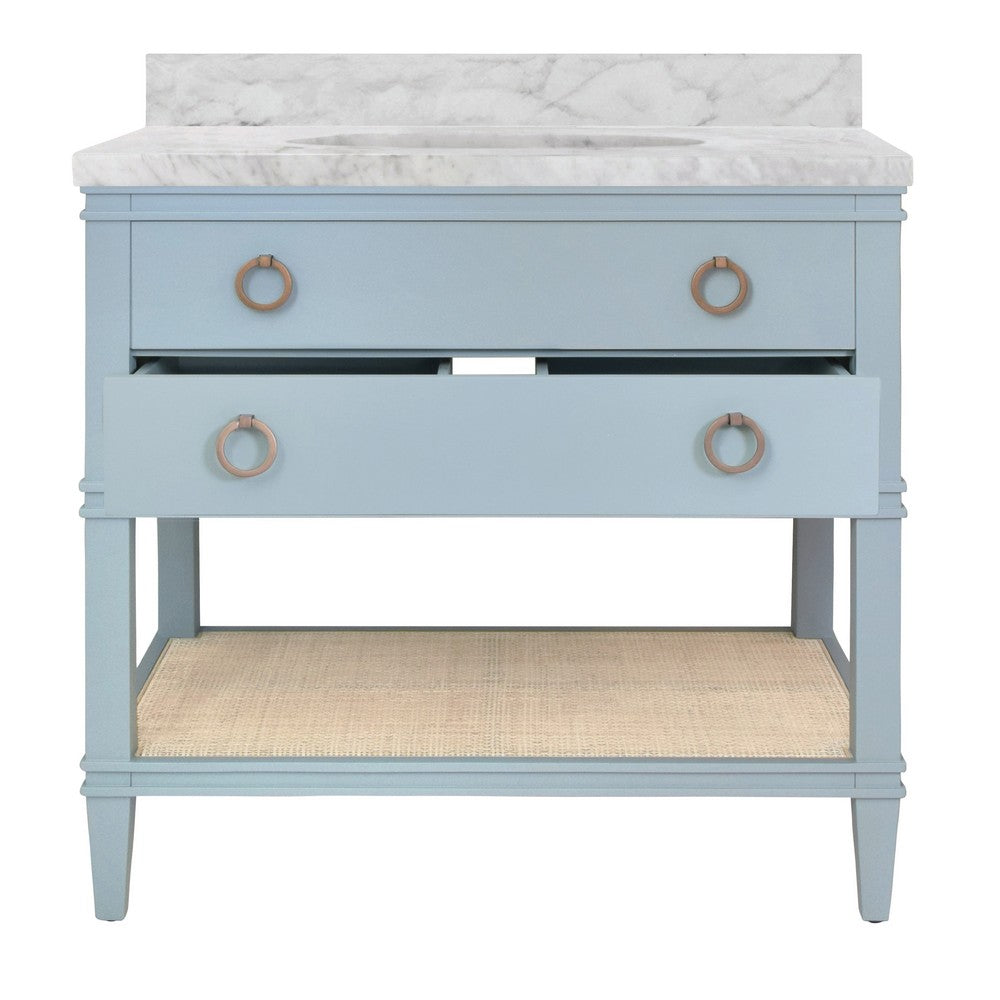 Worlds Away - Bath Vanity In Matte Light Blue Lacquer With Open Cane Shelf, White Marble Top, And Porcelain Sink - CUTLER LB view 3