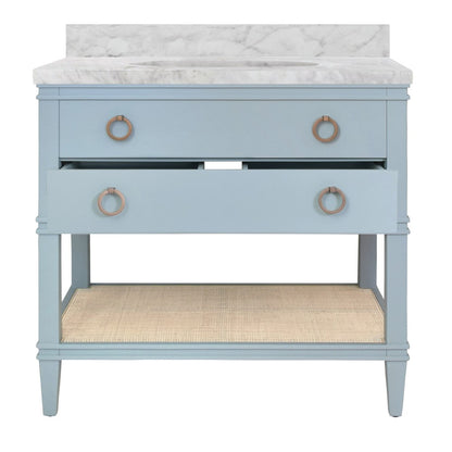 Worlds Away - Bath Vanity In Matte Light Blue Lacquer With Open Cane Shelf, White Marble Top, And Porcelain Sink - CUTLER LB view 3
