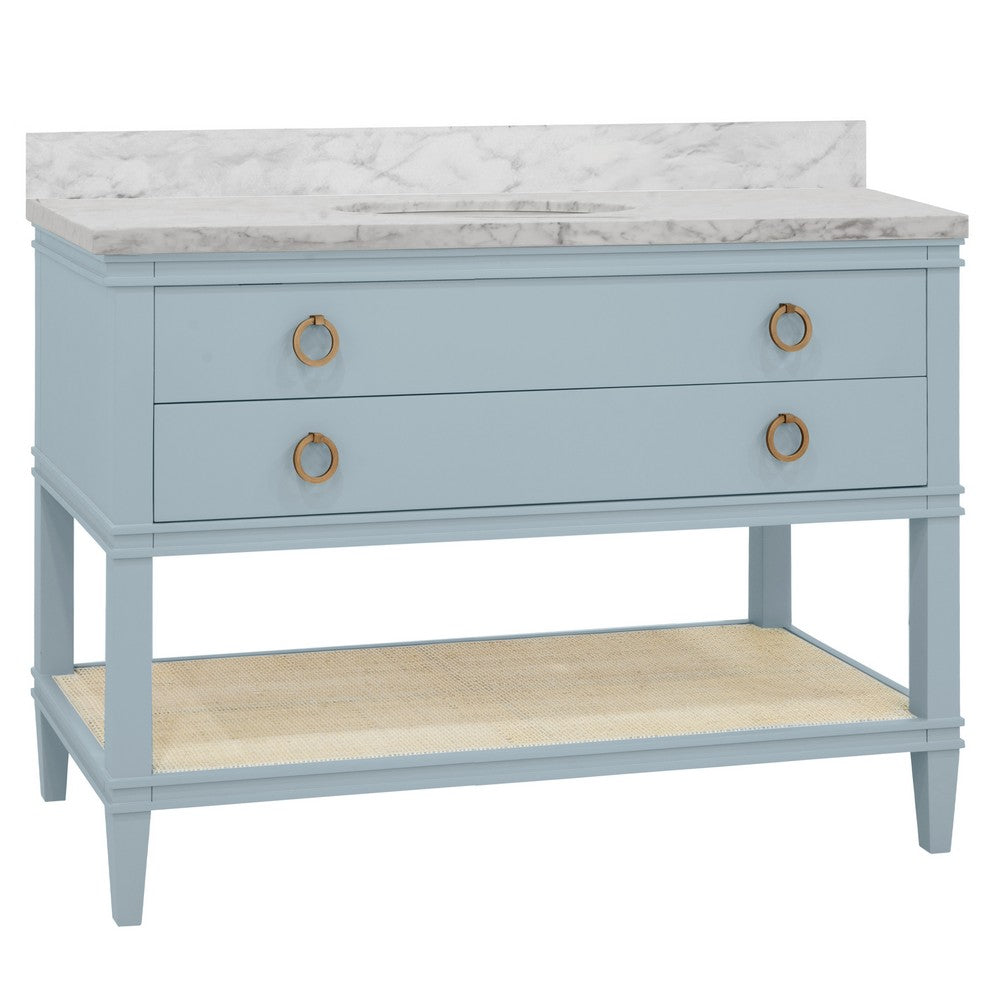 Worlds Away - Bath Vanity In Matte Light Blue Lacquer With Open Cane Shelf, White Marble Top, Porcelain Sink, And Antique Brass Ring Hardware, 48" Wide - CUTLER 48 LB view 1