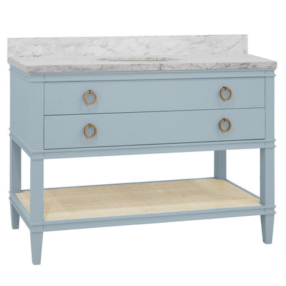 Worlds Away - Bath Vanity In Matte Light Blue Lacquer With Open Cane Shelf, White Marble Top, Porcelain Sink, And Antique Brass Ring Hardware, 48" Wide - CUTLER 48 LB view 1
