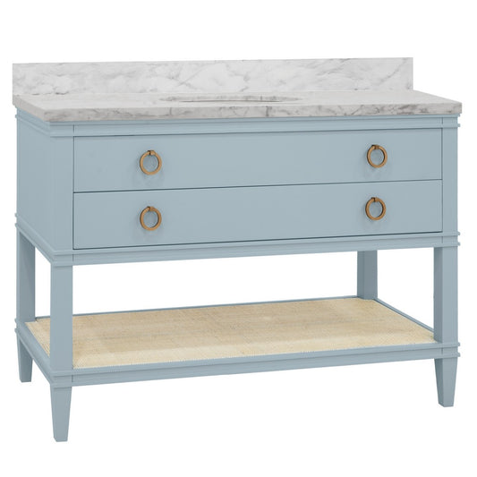 Worlds Away - Bath Vanity In Matte Light Blue Lacquer With Open Cane Shelf, White Marble Top, Porcelain Sink, And Antique Brass Ring Hardware, 48" Wide - CUTLER 48 LB view 1