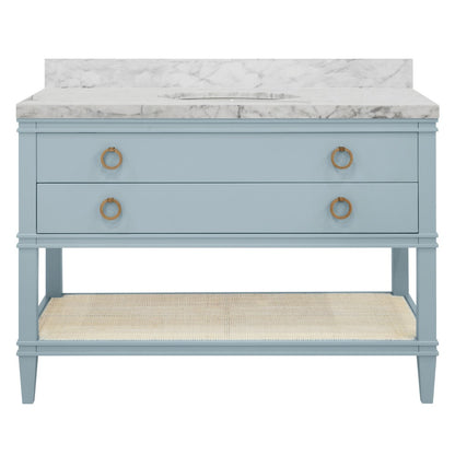 Worlds Away - Bath Vanity In Matte Light Blue Lacquer With Open Cane Shelf, White Marble Top, Porcelain Sink, And Antique Brass Ring Hardware, 48" Wide - CUTLER 48 LB view 2
