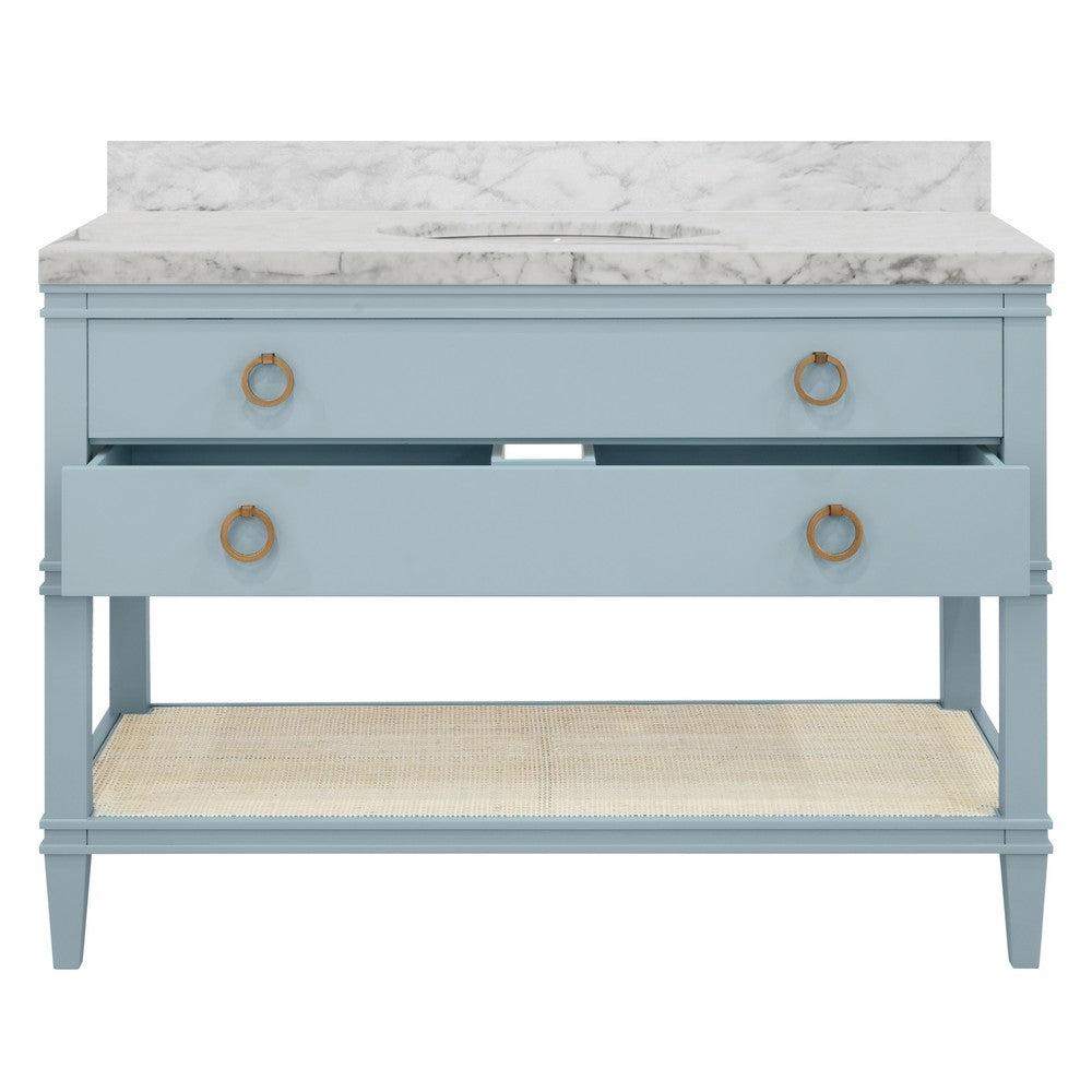 Worlds Away - Bath Vanity In Matte Light Blue Lacquer With Open Cane Shelf, White Marble Top, Porcelain Sink, And Antique Brass Ring Hardware, 48" Wide - CUTLER 48 LB view 3