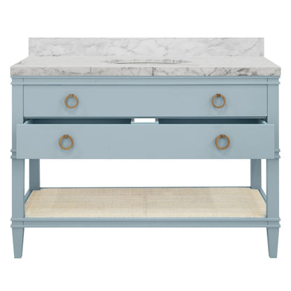 Worlds Away - Bath Vanity In Matte Light Blue Lacquer With Open Cane Shelf, White Marble Top, Porcelain Sink, And Antique Brass Ring Hardware, 48" Wide - CUTLER 48 LB view 3