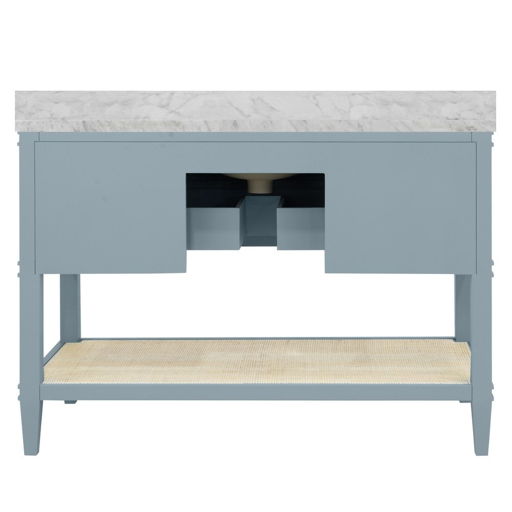 Worlds Away - Bath Vanity In Matte Light Blue Lacquer With Open Cane Shelf, White Marble Top, Porcelain Sink, And Antique Brass Ring Hardware, 48" Wide - CUTLER 48 LB view 4