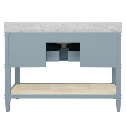Worlds Away - Bath Vanity In Matte Light Blue Lacquer With Open Cane Shelf, White Marble Top, Porcelain Sink, And Antique Brass Ring Hardware, 48" Wide - CUTLER 48 LB view 4