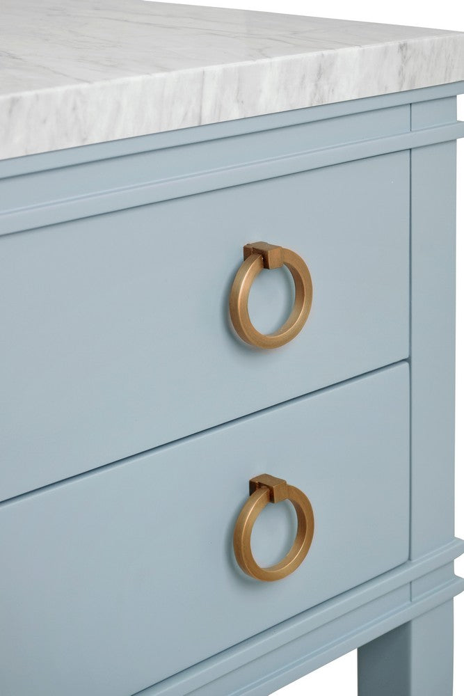 Worlds Away - Bath Vanity In Matte Light Blue Lacquer With Open Cane Shelf, White Marble Top, Porcelain Sink, And Antique Brass Ring Hardware, 48" Wide - CUTLER 48 LB view 6