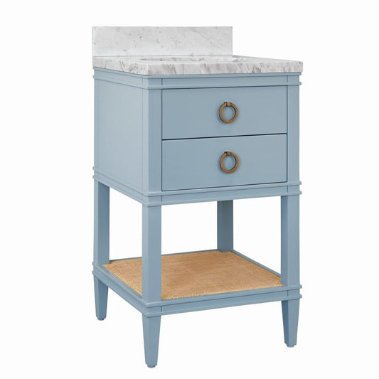 Worlds Away - Bath Vanity In Matte Light Blue Lacquer With Open Cane Shelf, White Marble Top, Porcelain Sink, And Antique Brass Ring Hardware - CUTLER 24 LB view 1