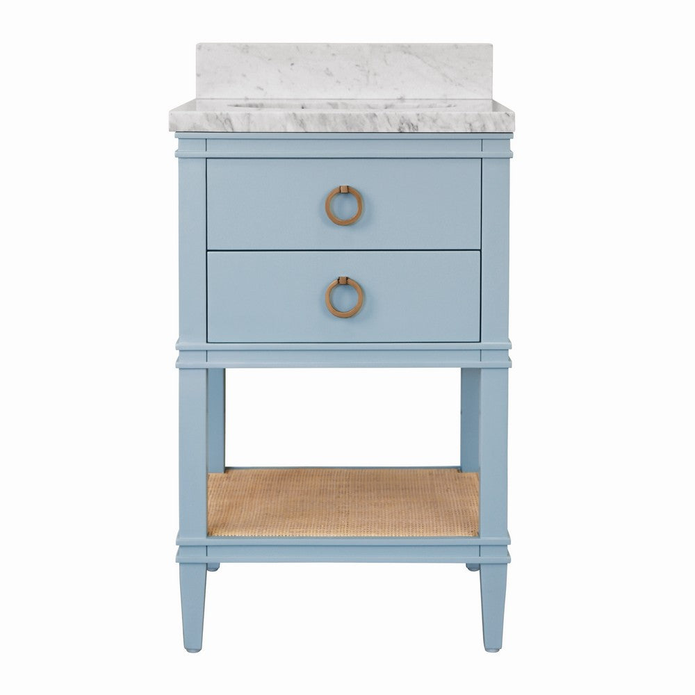 Worlds Away - Bath Vanity In Matte Light Blue Lacquer With Open Cane Shelf, White Marble Top, Porcelain Sink, And Antique Brass Ring Hardware - CUTLER 24 LB view 2