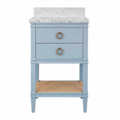 Worlds Away - Bath Vanity In Matte Light Blue Lacquer With Open Cane Shelf, White Marble Top, Porcelain Sink, And Antique Brass Ring Hardware - CUTLER 24 LB view 2