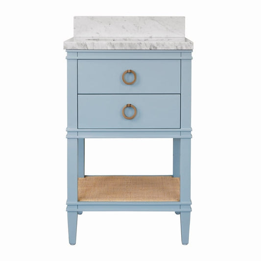 Worlds Away - Bath Vanity In Matte Light Blue Lacquer With Open Cane Shelf, White Marble Top, Porcelain Sink, And Antique Brass Ring Hardware - CUTLER 24 LB view 2