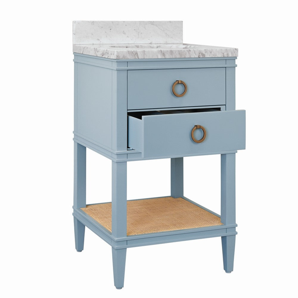 Worlds Away - Bath Vanity In Matte Light Blue Lacquer With Open Cane Shelf, White Marble Top, Porcelain Sink, And Antique Brass Ring Hardware - CUTLER 24 LB view 3