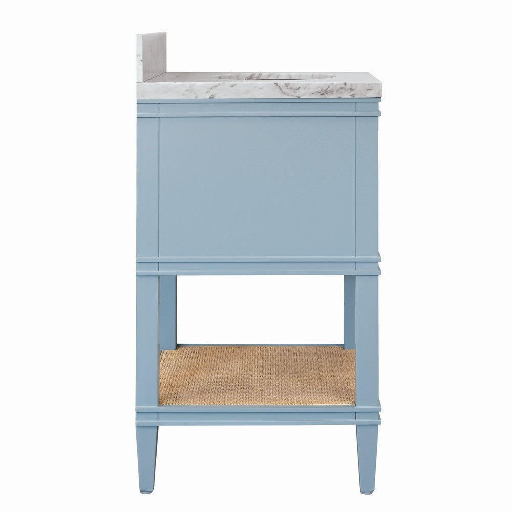 Worlds Away - Bath Vanity In Matte Light Blue Lacquer With Open Cane Shelf, White Marble Top, Porcelain Sink, And Antique Brass Ring Hardware - CUTLER 24 LB view 4