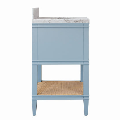 Worlds Away - Bath Vanity In Matte Light Blue Lacquer With Open Cane Shelf, White Marble Top, Porcelain Sink, And Antique Brass Ring Hardware - CUTLER 24 LB view 4