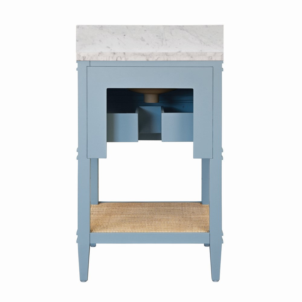 Worlds Away - Bath Vanity In Matte Light Blue Lacquer With Open Cane Shelf, White Marble Top, Porcelain Sink, And Antique Brass Ring Hardware - CUTLER 24 LB view 5
