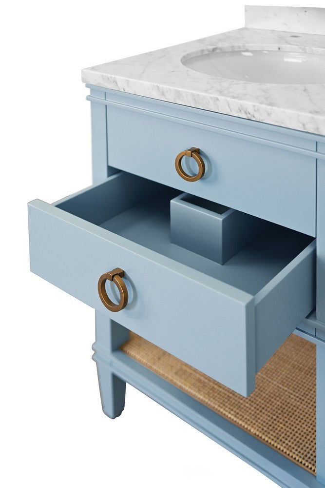 Worlds Away - Bath Vanity In Matte Light Blue Lacquer With Open Cane Shelf, White Marble Top, Porcelain Sink, And Antique Brass Ring Hardware - CUTLER 24 LB view 6