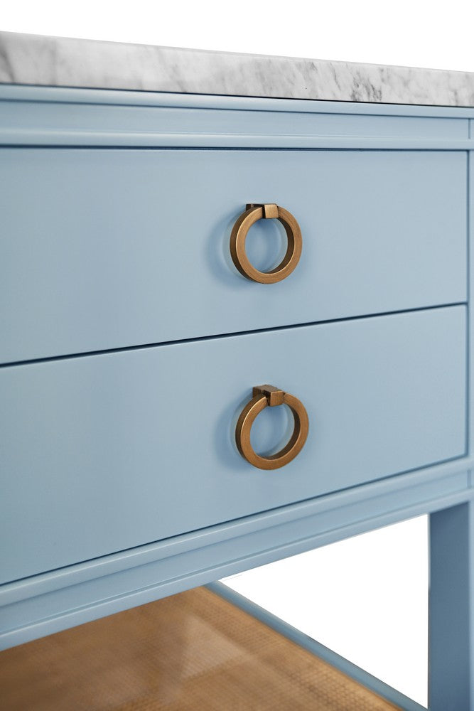Worlds Away - Bath Vanity In Matte Light Blue Lacquer With Open Cane Shelf, White Marble Top, Porcelain Sink, And Antique Brass Ring Hardware - CUTLER 24 LB view 7