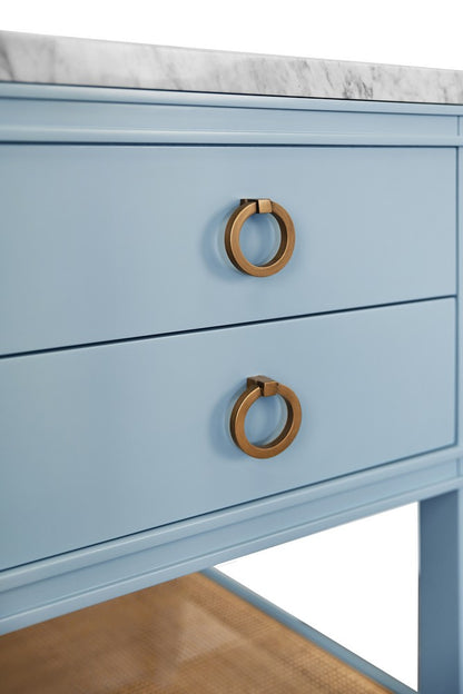 Worlds Away - Bath Vanity In Matte Light Blue Lacquer With Open Cane Shelf, White Marble Top, Porcelain Sink, And Antique Brass Ring Hardware - CUTLER 24 LB view 7