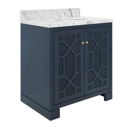 Worlds Away - Bath Vanity In Matte Navy Lacquer With Cane Front Doors, White Marble Top, Porcelain Sink, And Polished Brass Knobs - SCHAFFER NVY view 1