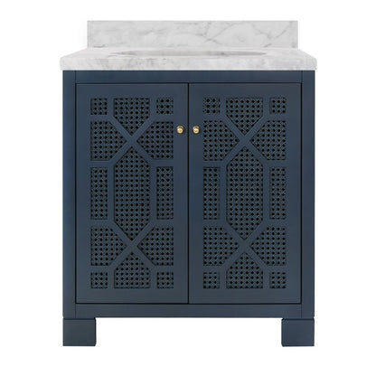 Worlds Away - Bath Vanity In Matte Navy Lacquer With Cane Front Doors, White Marble Top, Porcelain Sink, And Polished Brass Knobs - SCHAFFER NVY view 2