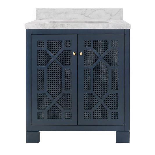 Worlds Away - Bath Vanity In Matte Navy Lacquer With Cane Front Doors, White Marble Top, Porcelain Sink, And Polished Brass Knobs - SCHAFFER NVY view 2