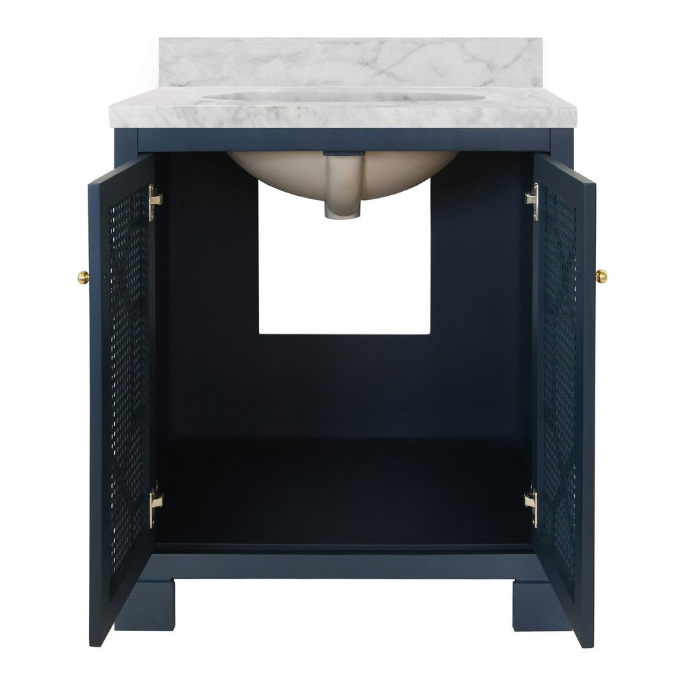Worlds Away - Bath Vanity In Matte Navy Lacquer With Cane Front Doors, White Marble Top, Porcelain Sink, And Polished Brass Knobs - SCHAFFER NVY view 3