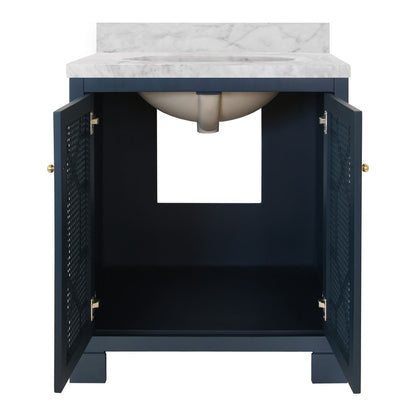 Worlds Away - Bath Vanity In Matte Navy Lacquer With Cane Front Doors, White Marble Top, Porcelain Sink, And Polished Brass Knobs - SCHAFFER NVY view 3