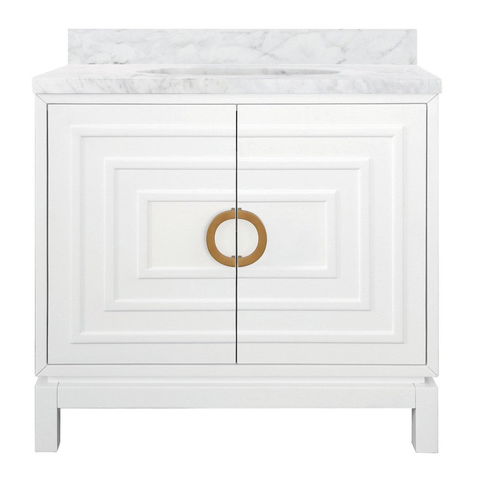 Worlds Away - Bath Vanity In Matte White Lacquer With Antique Brass Circle Hardware, White Marble Top, And Porcelain Sink - BIXBY WH view 1