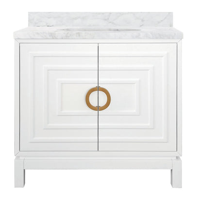 Worlds Away - Bath Vanity In Matte White Lacquer With Antique Brass Circle Hardware, White Marble Top, And Porcelain Sink - BIXBY WH view 1