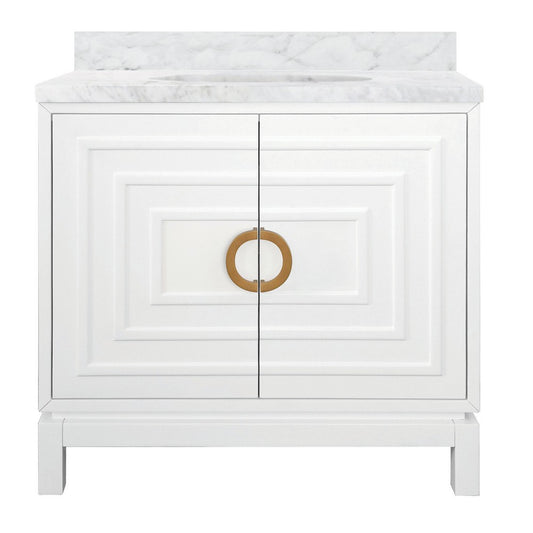 Worlds Away - Bath Vanity In Matte White Lacquer With Antique Brass Circle Hardware, White Marble Top, And Porcelain Sink - BIXBY WH view 1