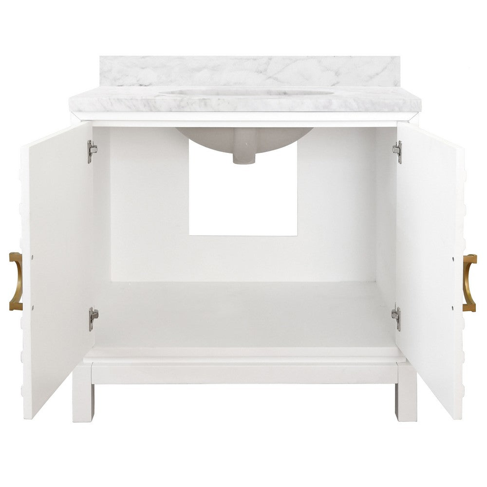 Worlds Away - Bath Vanity In Matte White Lacquer With Antique Brass Circle Hardware, White Marble Top, And Porcelain Sink - BIXBY WH view 2