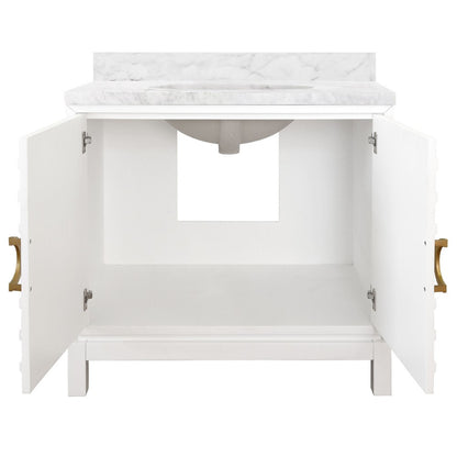 Worlds Away - Bath Vanity In Matte White Lacquer With Antique Brass Circle Hardware, White Marble Top, And Porcelain Sink - BIXBY WH view 2