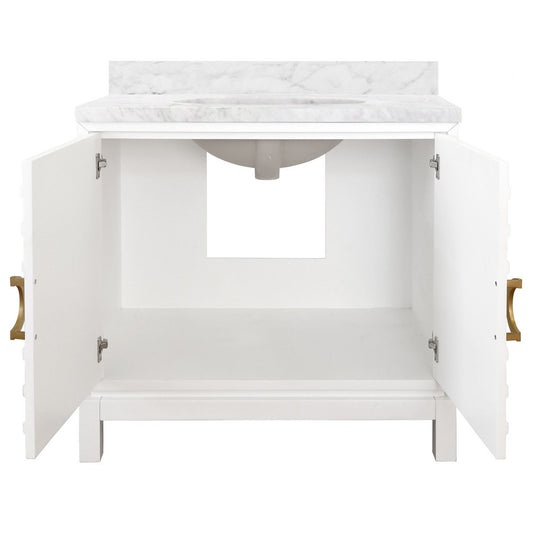 Worlds Away - Bath Vanity In Matte White Lacquer With Antique Brass Circle Hardware, White Marble Top, And Porcelain Sink - BIXBY WH view 2