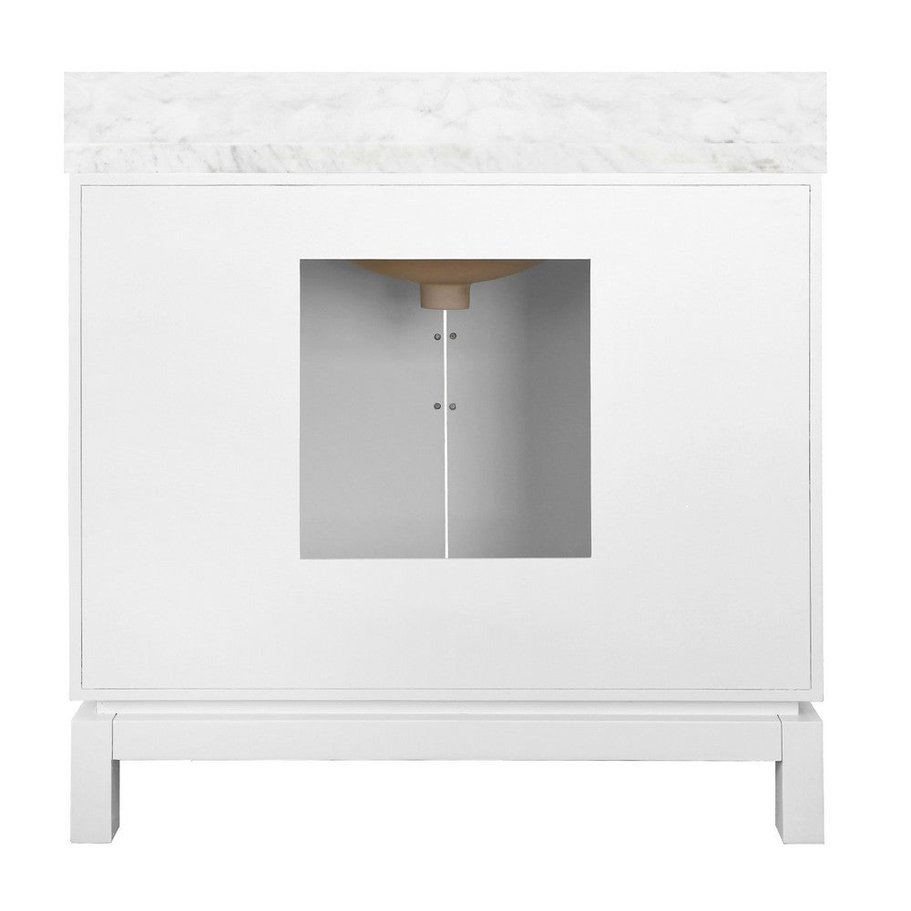 Worlds Away - Bath Vanity In Matte White Lacquer With Antique Brass Circle Hardware, White Marble Top, And Porcelain Sink - BIXBY WH view 3