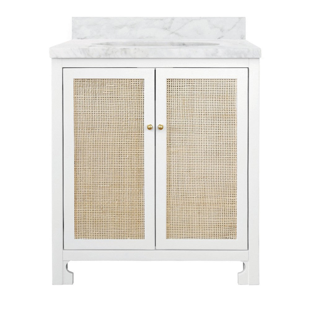 Worlds Away - Bath Vanity In Matte White Lacquer With Cane Front Doors, White Marble Top, And Porcelain Sink - BOYD WH view 1