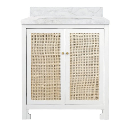 Worlds Away - Bath Vanity In Matte White Lacquer With Cane Front Doors, White Marble Top, And Porcelain Sink - BOYD WH view 1