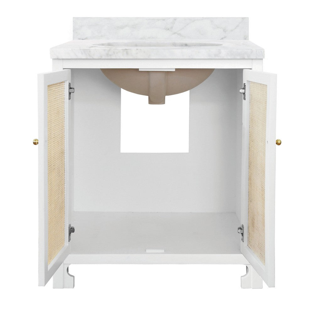 Worlds Away - Bath Vanity In Matte White Lacquer With Cane Front Doors, White Marble Top, And Porcelain Sink - BOYD WH view 2