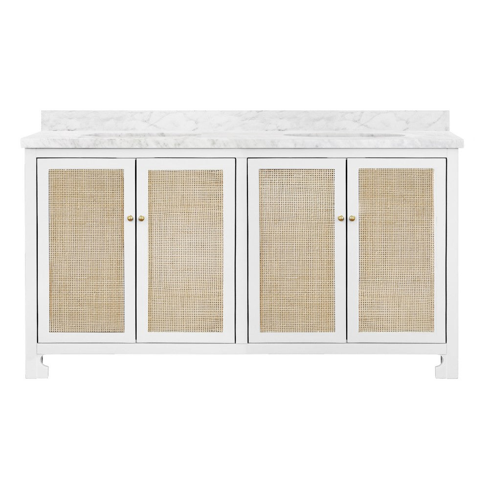 Worlds Away - Bath Vanity In Matte White Lacquer With Cane Front Doors, White Marble Top, Double Porcelain Sinks, And Polished Brass Knobs, 60" Wide - BOYD 60 WH view 1